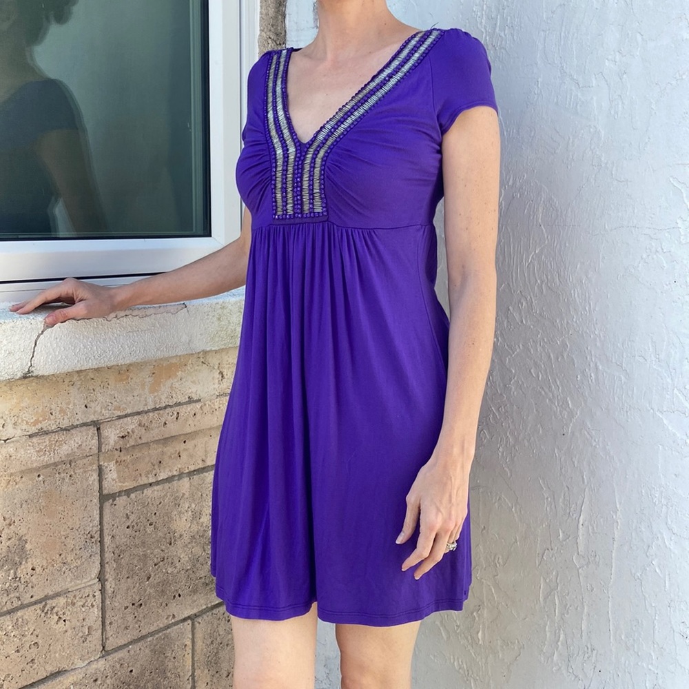 Soprano Purple Short Sleeve Women’s V Neck Beaded Collarline A Line Mini Dress!